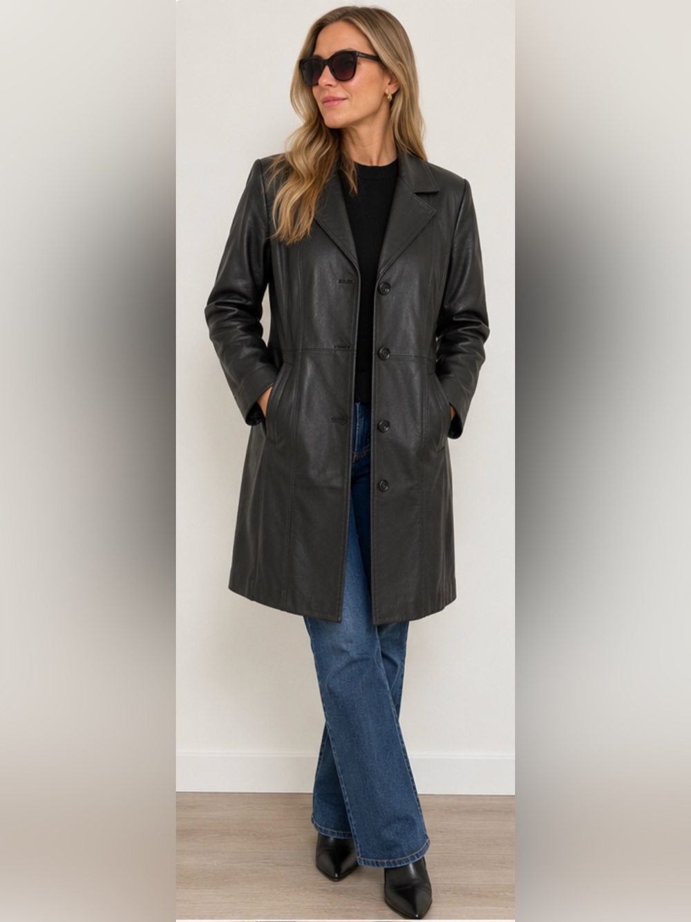 Palais du Sud Elwifak Black Genuine Leather Long Blazer Coat Size 42 Morocco